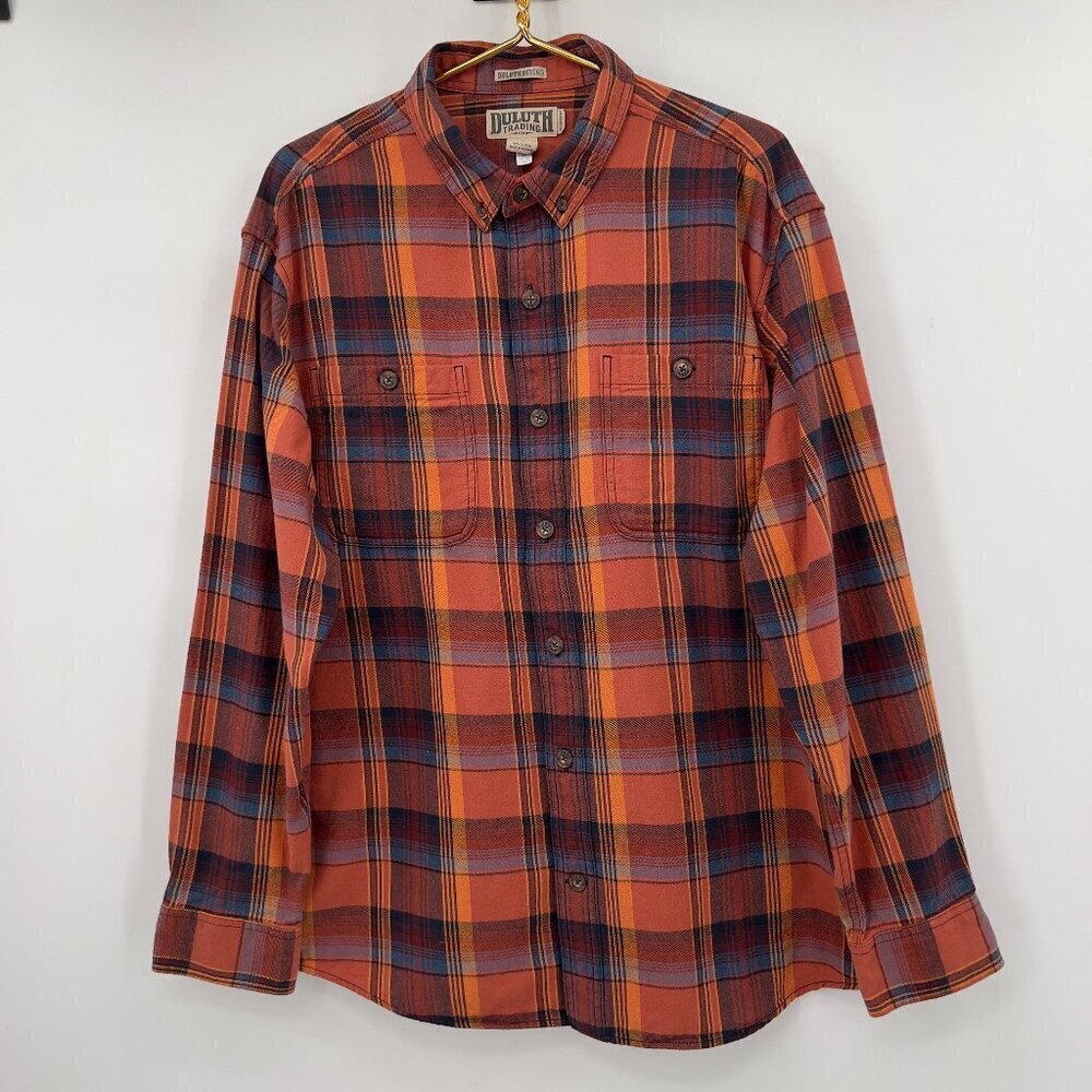 Duluth Trading Co Men’s Flannel Plaid Shirt Orange Navy Relaxed Fit L